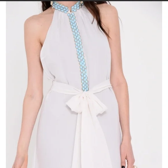 J.DOSI]Turquoise Embellishment Cream Silk Crepe Halter neck Backless Dress - Picture 4 of 16